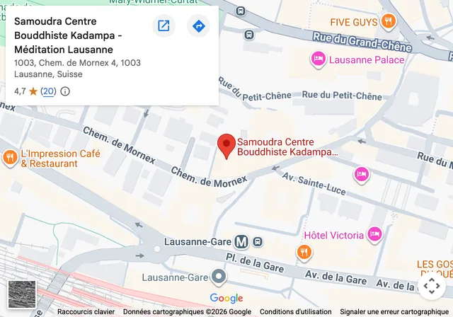 Plan d’accès : Centre Bouddhiste Kadampa Samoudra, chemin de Mornex 4, 1003 Lausanne, à deux pas de la gare
